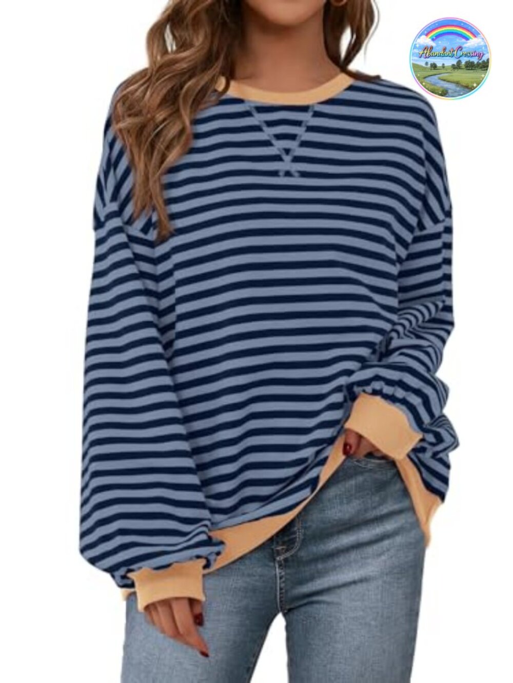 Striped Oversized Crew Neck Long Sleeve Cotton Sweatshirt Pullover